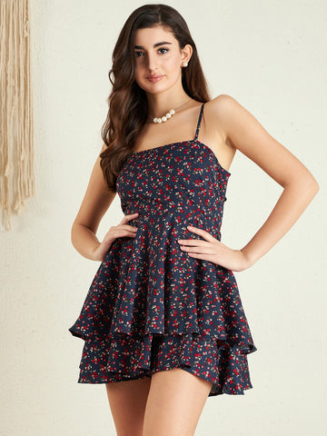 Berrylush Women Plus Size Navy Blue & Red Floral Printed One-Shoulder Neck  Crepe Asymmetric Hem Pleated A-line Mini Dress