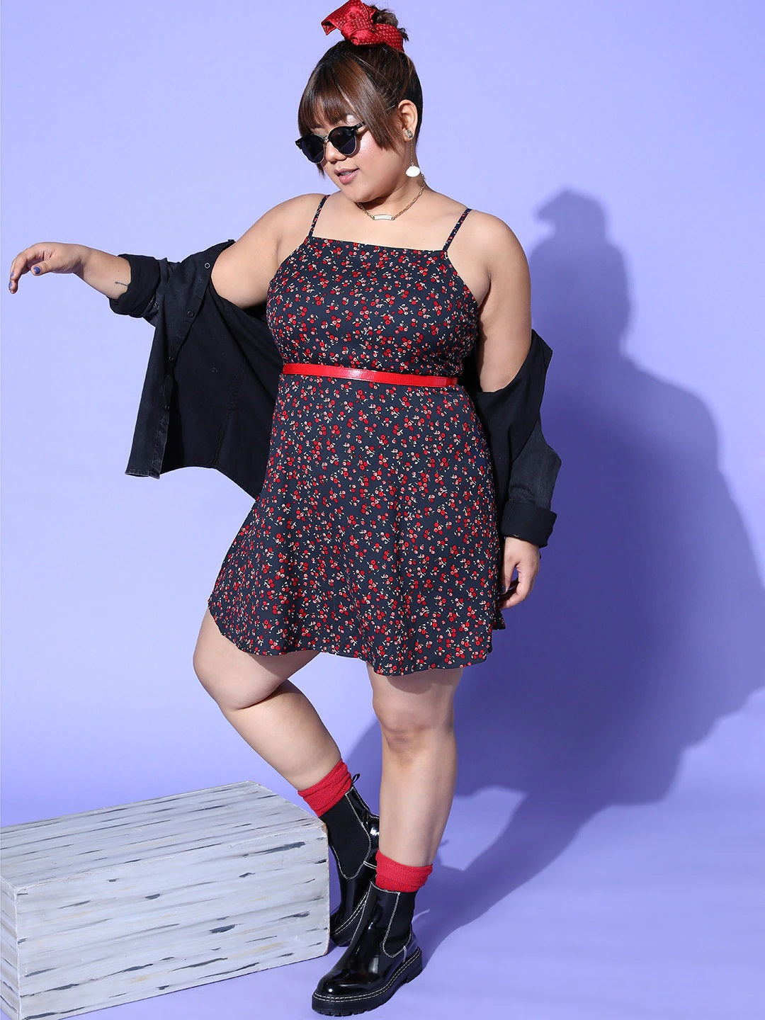 Women Plus Size Navy Blue & Red Floral Printed One-Shoulder Neck Crepe  Asymmetric Hem Pleated A-line Mini Dress - Berrylush