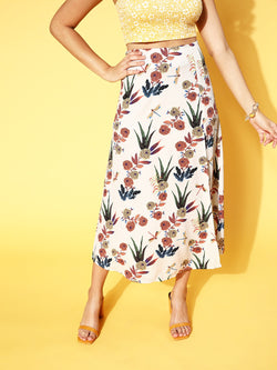 Berrylush Women White Sunflower Printed Thigh Slit A-Line Midi Skirt