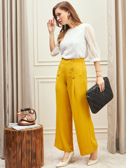 Women Plus Size Solid Yellow High-Rise Paperbag Waist Wide-Leg Slip-On  Flared Culotte Pants - Berrylush