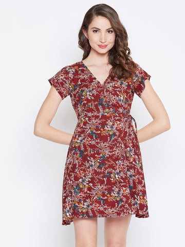 Women Blue & Maroon Floral Printed V-Neck Crepe Fit & Flare Maxi
