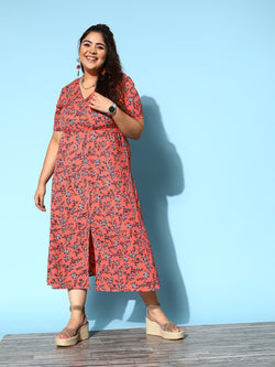 Women Plus Size Coral Orange & White Floral Printed V-Neck Waist Tie-Up  Crepe Flounce Hem Wrap Maxi Dress - Berrylush