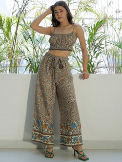 Women Blue & Pink Tribal Printed Round Neck Waist Tie-Up Crop Top &  Wide-Leg Trousers Set - Berrylush