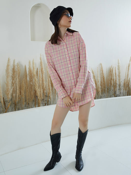 Women Pink & White Checked Pattern Collar Neck Crepe Waist Tie-Up