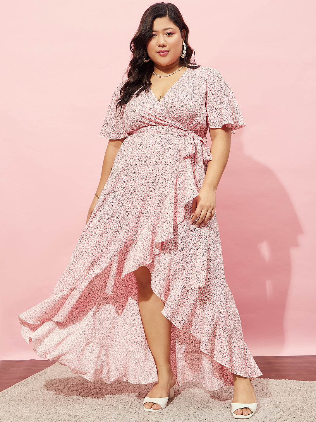 Women Plus Size Solid Pink Dobby Weave Square Neck Thigh-High Slit Fit &  Flare Maxi Dress - Berrylush
