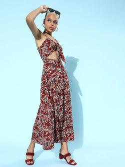 Women Plus Size Maroon & White Floral Printed V-Neck Crepe Thigh-High Slit  Flared Maxi Dress - Berrylush