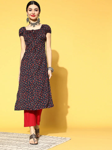 Buy Yellow Printed Cotton A-Line Kurti Online at Rs.734