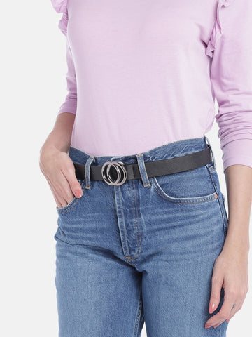 Berrylush Women Black Elastic Strap Two Chain Buckle Belt