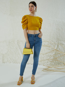 Women Solid Yellow Square Neck Sleeveless Tie-Up Styled Back Crepe Crop Top  - Berrylush