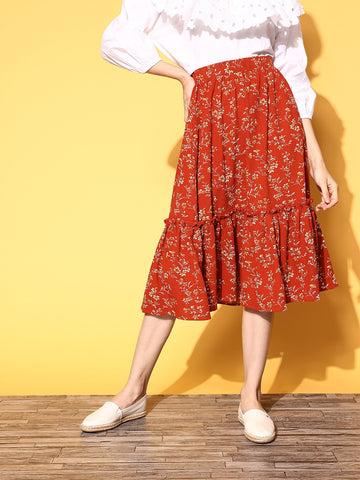 Berrylush Women Maroon & White Floral Printed Crepe High-Rise Waist Flared  A-Line Midi Skirt