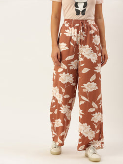 Women Pink & White Floral Printed High-Rise Waist Wide-Leg Regular Trousers  - Berrylush