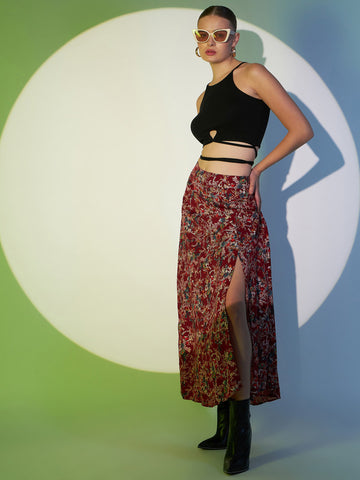 Berrylush Women Green & White Floral Printed High-Rise Waist Thigh-High  Slit Flared A-Line Maxi Skirt