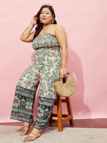 Women Plus Size Pink & White Floral Printed Round Neck Waist Tie-Up Crop  Top & Wide-Leg Trousers Set - Berrylush