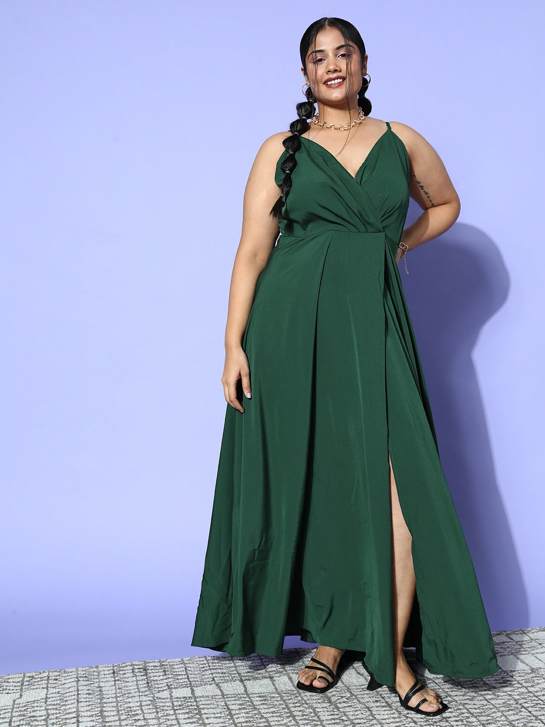 Buy GREEN SURPLICE-NECK THIGH-SLIT MAXI DRESS for Women Online in India