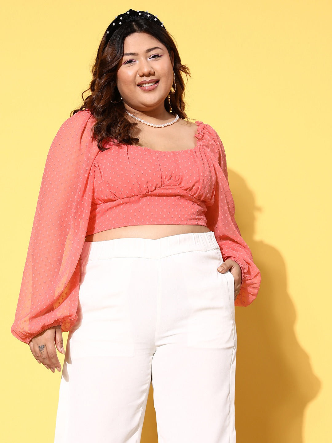 Women's Plus Size Balloon Puff Sleeve Crop Top and Flare Pants Set