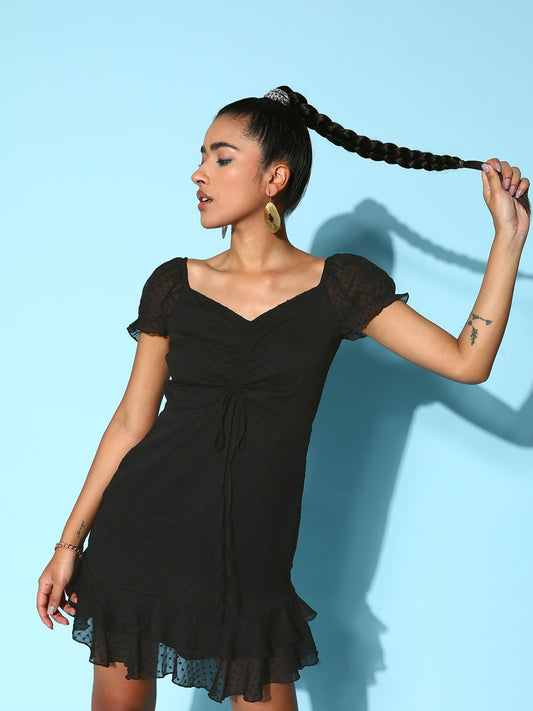 Ruffled Women Flare - Dress Round Jacquard Semi-Sheer Neck Fit Black & Crepe Dobby Berrylush Mini