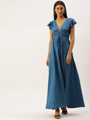 Berrylush Women Solid Blue Cold Shoulder Wrap Maxi Dress