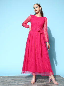 Women Plus Size Solid Pink Dobby Weave Square Neck Thigh-High Slit Fit &  Flare Maxi Dress - Berrylush