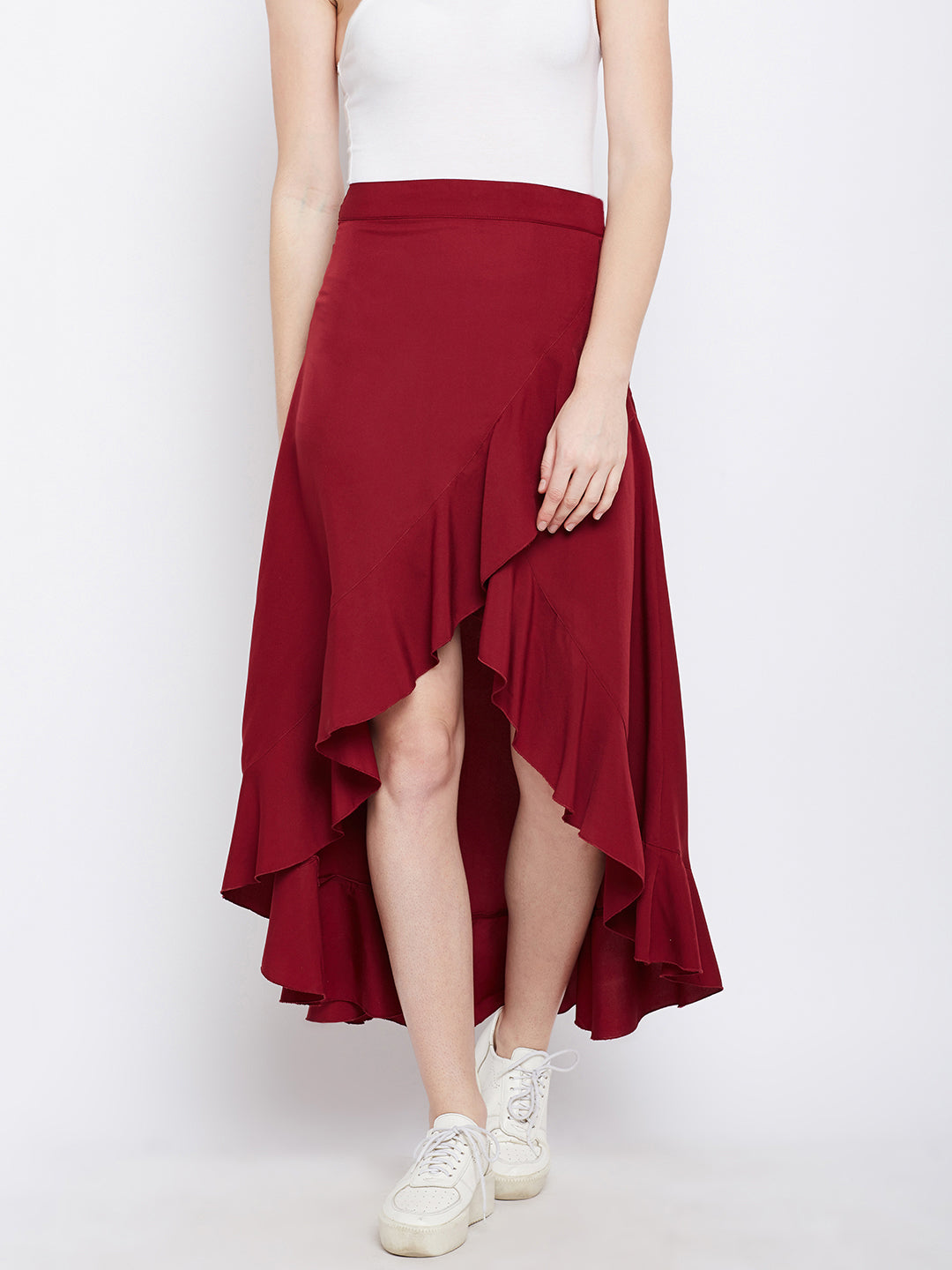 Women Solid Green High-Low Ruffled Wrap Midi Skirt - Berrylush