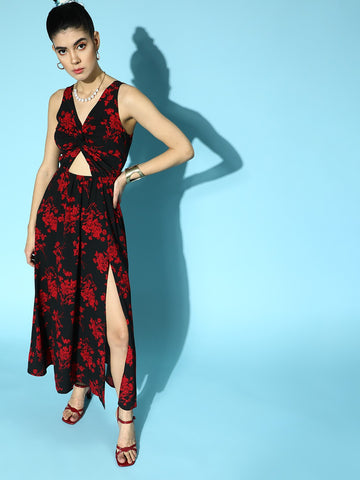Berrylush Women Black & Red Floral Printed Crepe A-Line Midi Dress