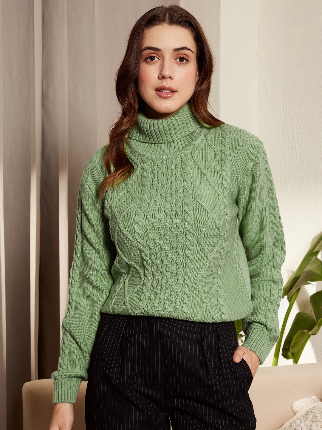 Berrylush Women Green Cable Knit Turtleneck Sweater