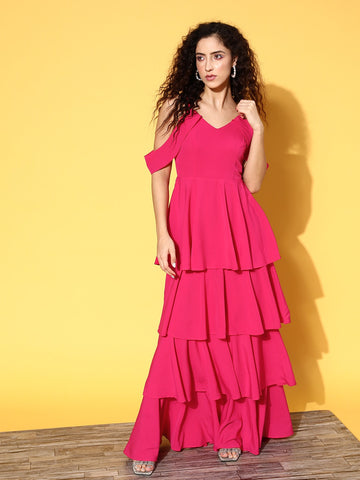 Women Solid Pink Round Neck Cut-Out Crepe Thigh-High Slit Fit & Flare Maxi  Dress - Berrylush