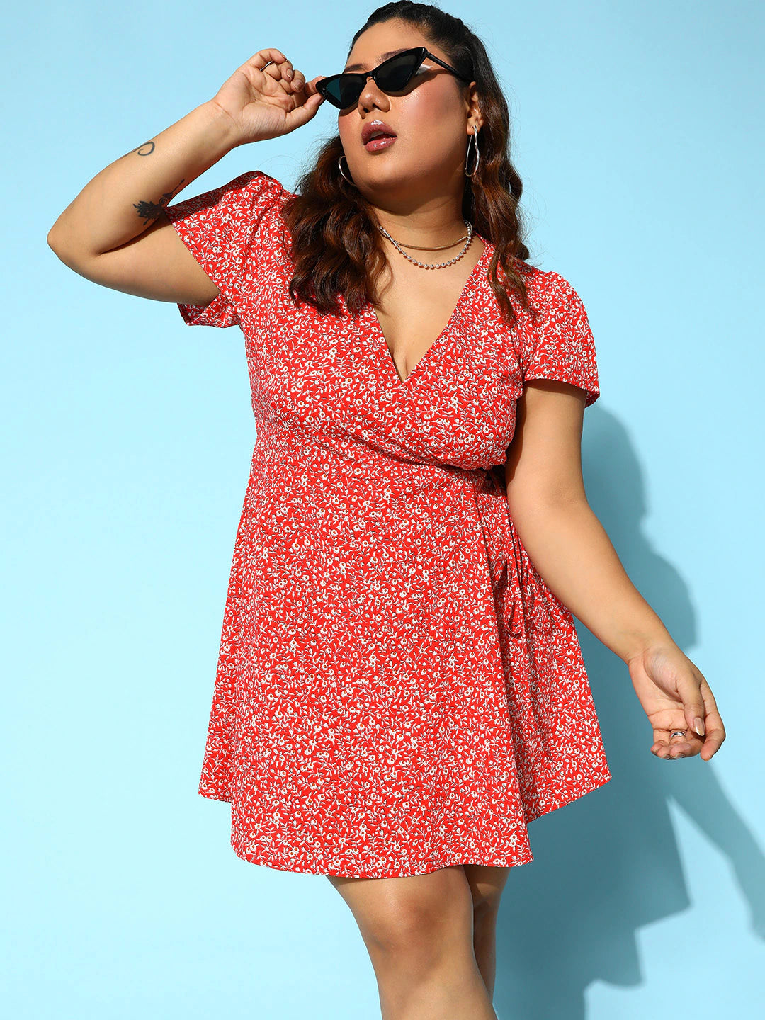 Plus Size Teal Red Floral True Wrap Dress Online in India