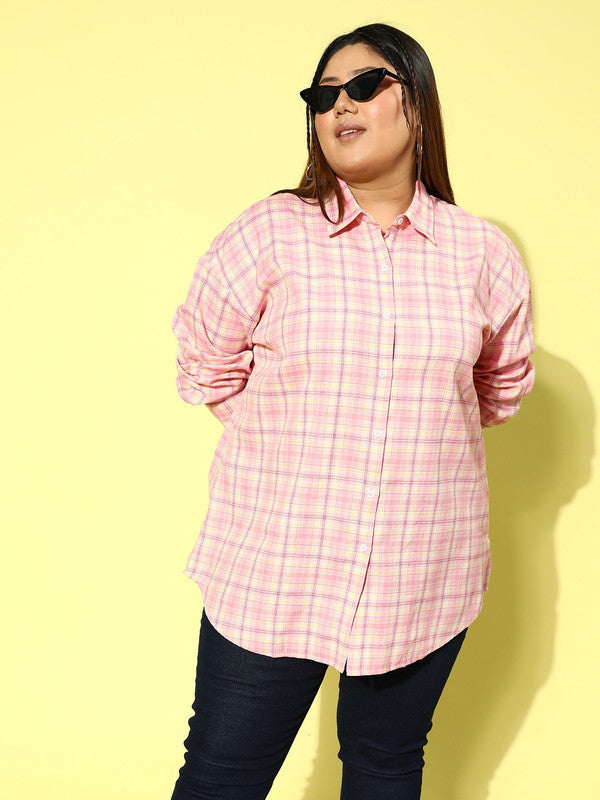 Fashion Bug Pink Plaid Plus Size Ruffle Button Up Shirt - Size 1X