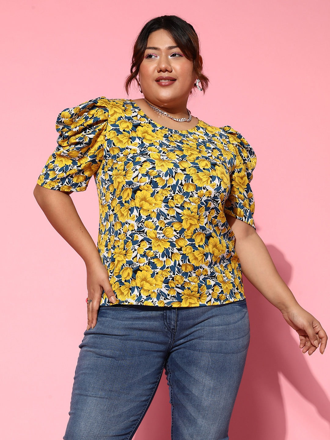 Women Yellow & Blue Floral Printed Round Neck Puff Sleeves Crepe 