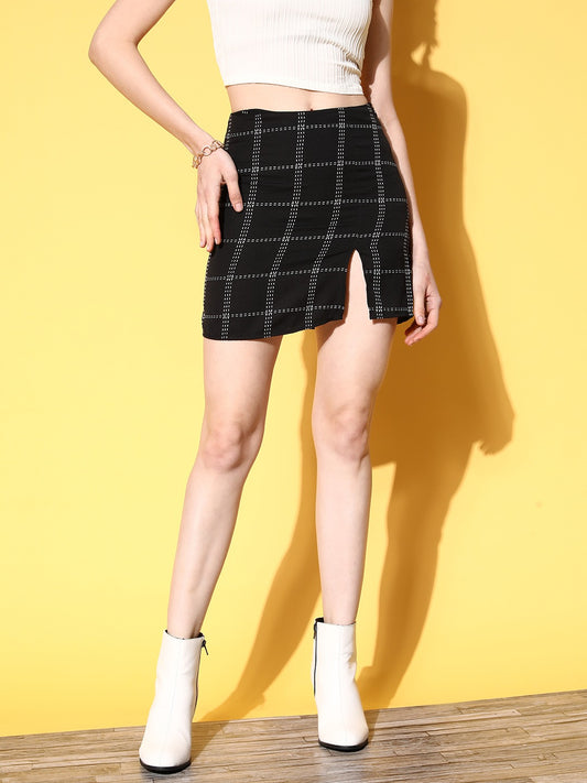 Women Pink & White Checked Pattern Elastic Waist Crepe Pleated