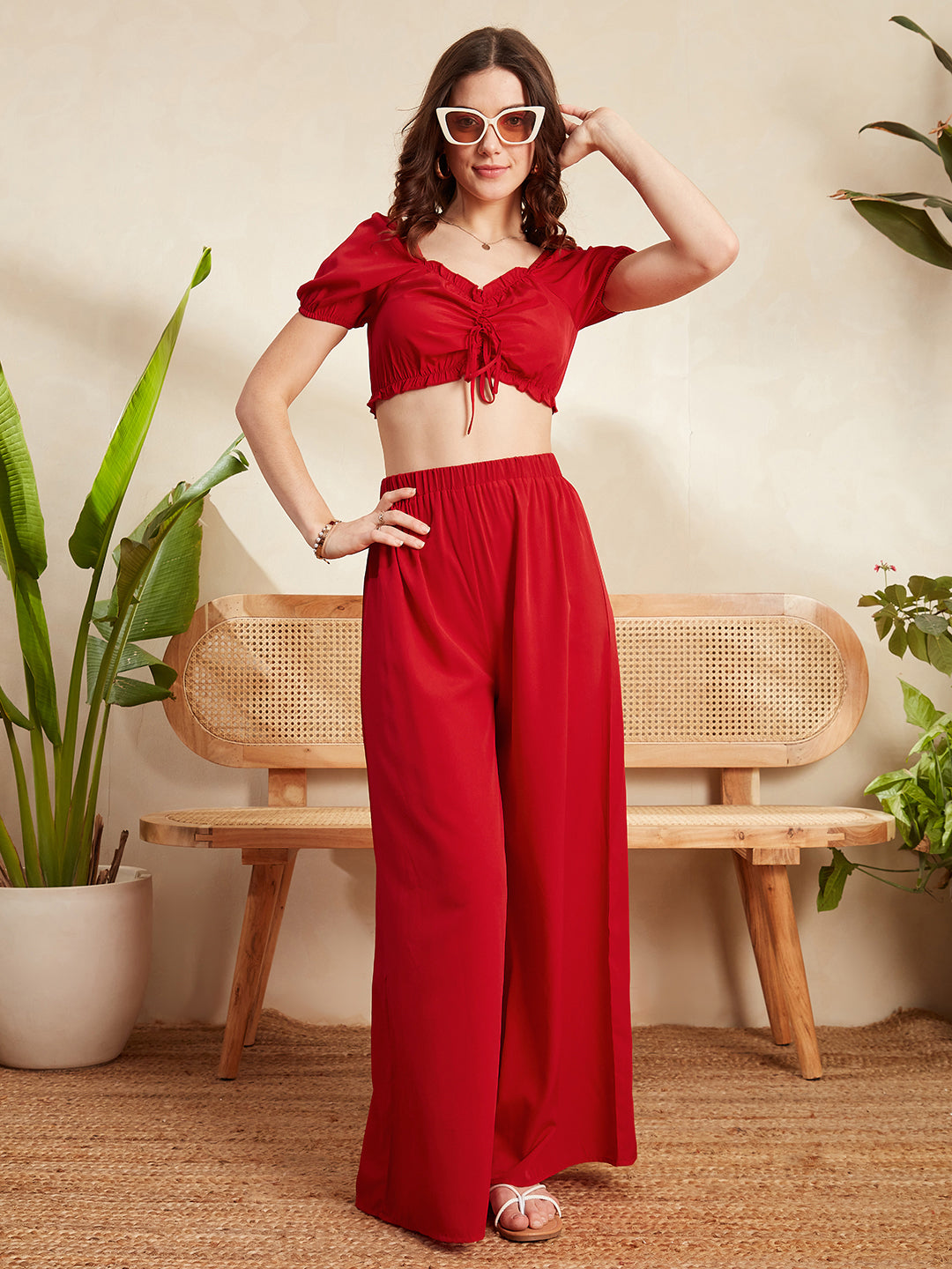 Women Navy Blue & Red Ditsy Floral Printed V-Neck Front Tie-Up Butterfly  Sleeve Cropped Top & Wide-Leg Pants Co-Ord Set - Berrylush
