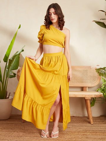 Women Solid Yellow Round Neck Puff Sleeves Crepe Styled Tie-Up