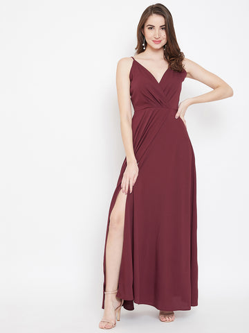 Women Hosiery Solid Maroon Night Gown | Maxi | Nighty | Embroidery Neck |  With Pocket