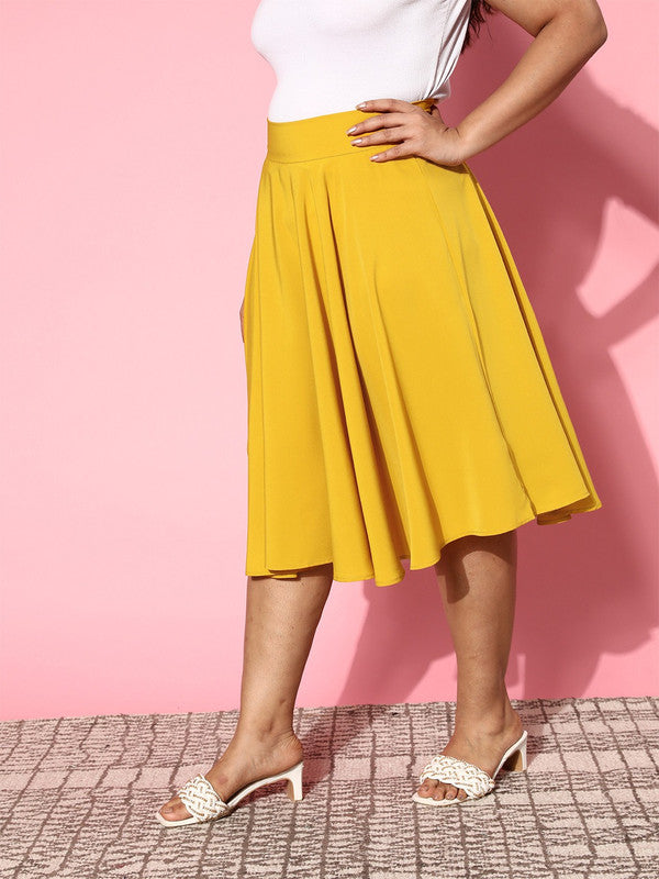 Women Solid Yellow High-Rise Flared Midi Skirt - Berrylush