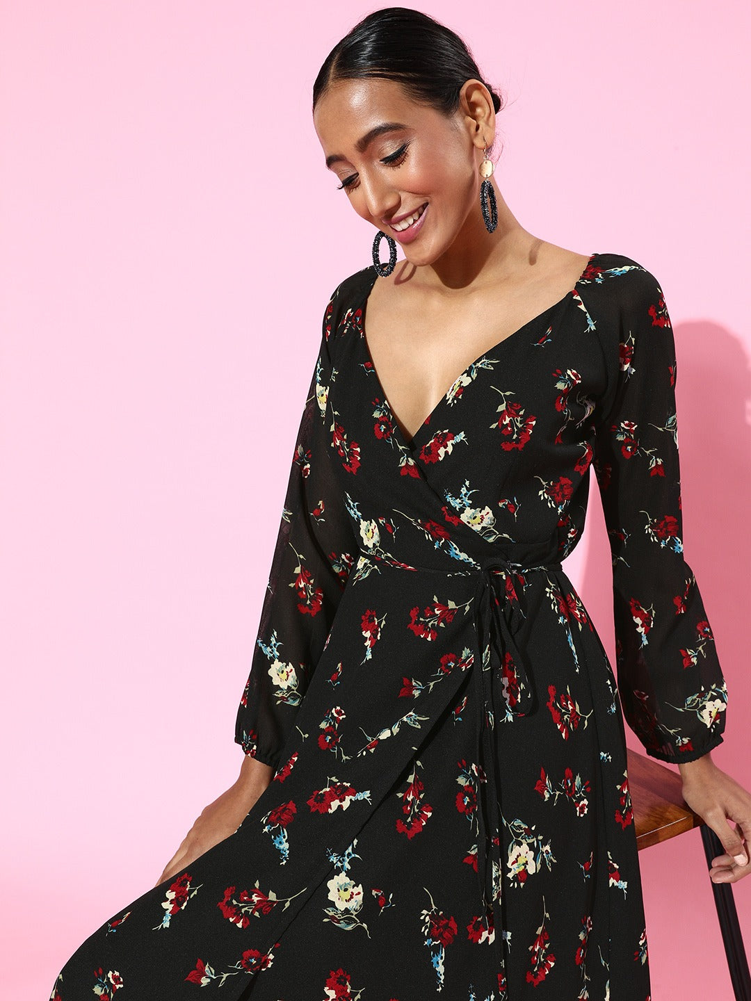 CurveWow Long Sleeve Floral V Neck Midaxi Dress Black/Red – Curvewow
