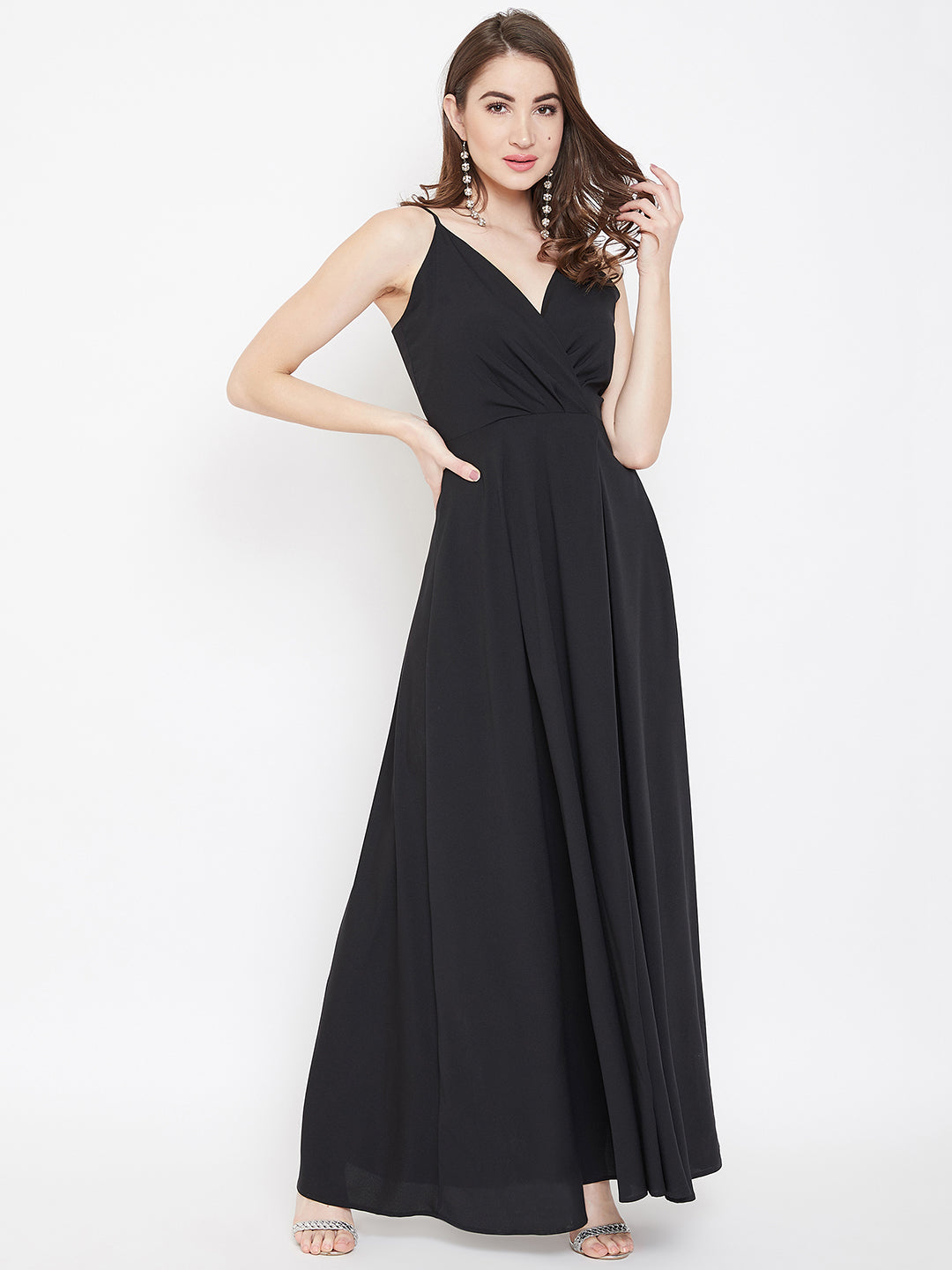 Berrylush Women Solid Black V-Neck Sleeveless Crepe Thigh-High Slit A-Line  Maxi Dress