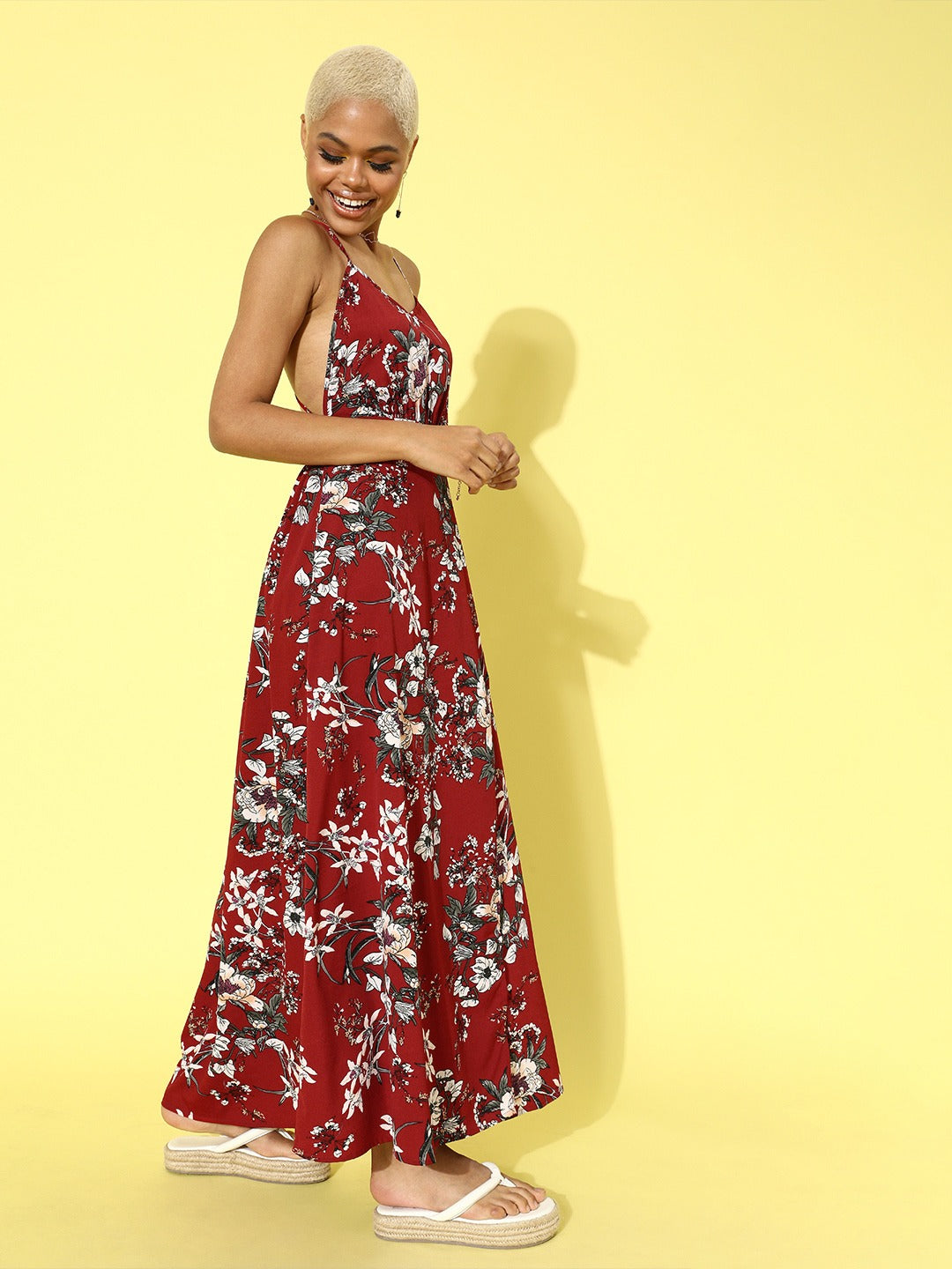 Women Blue & Maroon Floral Printed V-Neck Crepe Fit & Flare Maxi