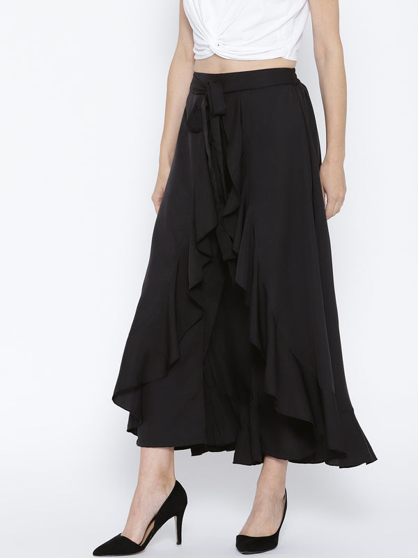 Berrylush Women Black Solid Ruffled Flared Maxi Skirt with Attached Tr