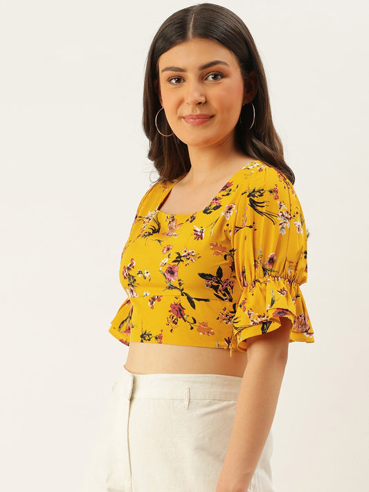 Women Yellow & White Sunflower Printed Tie-Up Crop Top - Berrylush