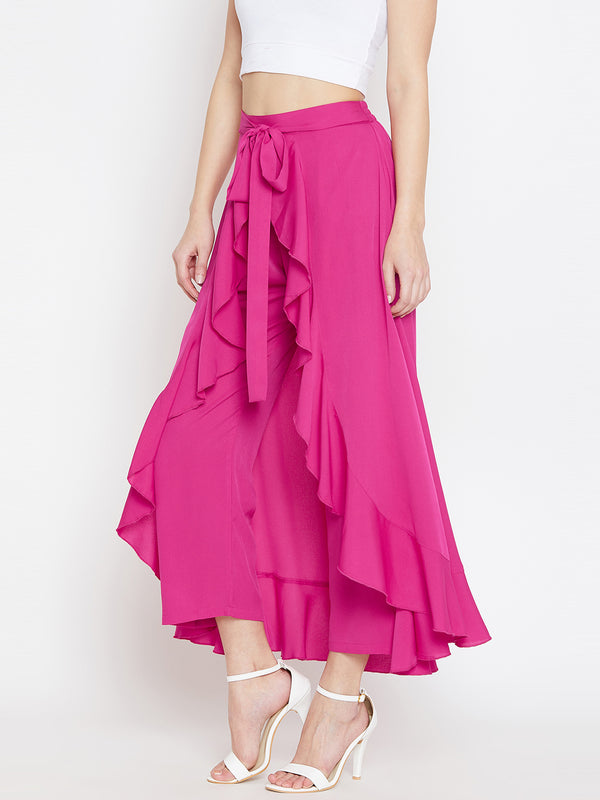 Pink Solid Ruffled Wrap Maxi Skirt with Attached Palazzo - Berrylush