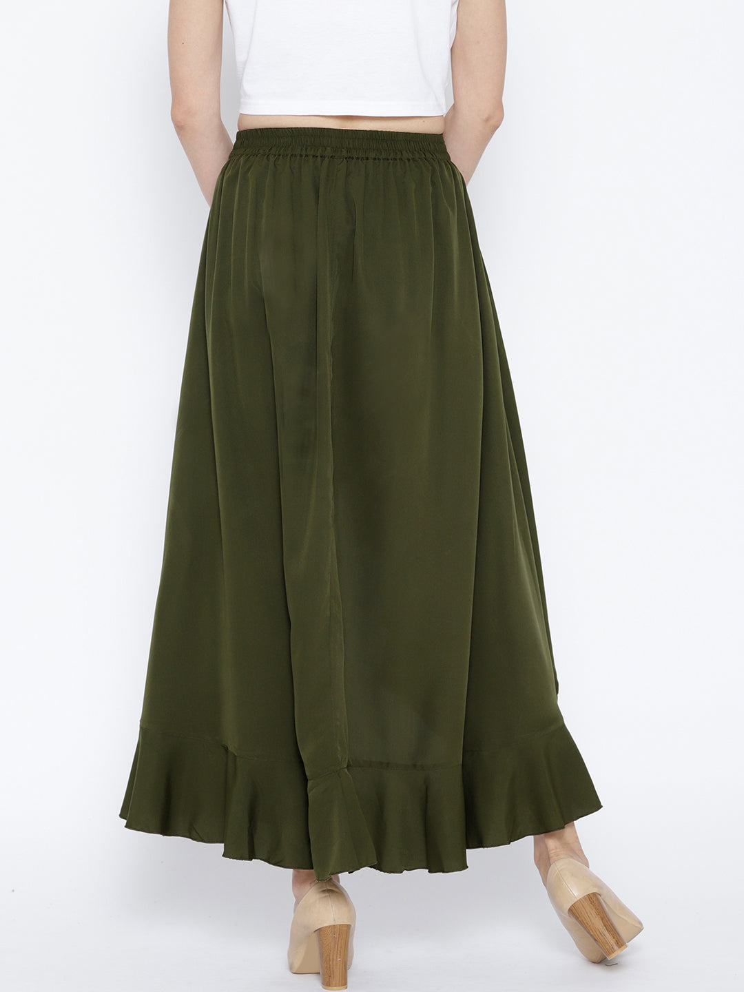 Berrylush Women Olive Green Solid Ruffled Flared Maxi Skirt with Attac