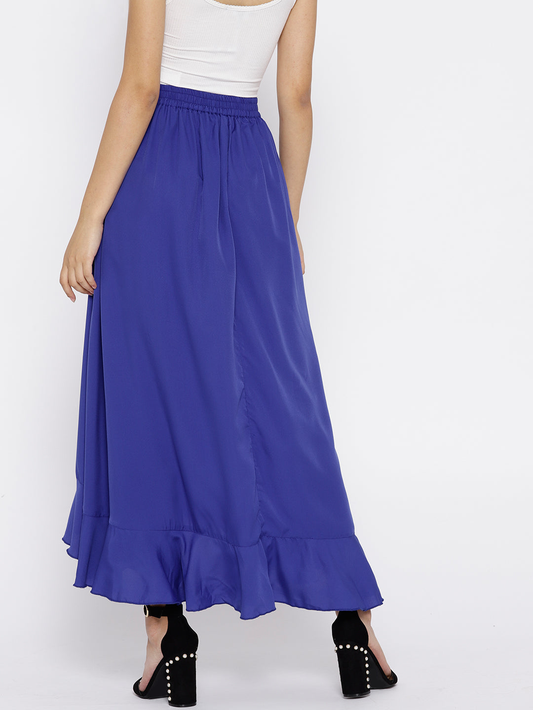 Berrylush Women Blue Solid Ruffled Flared Maxi Skirt with Attached Tro
