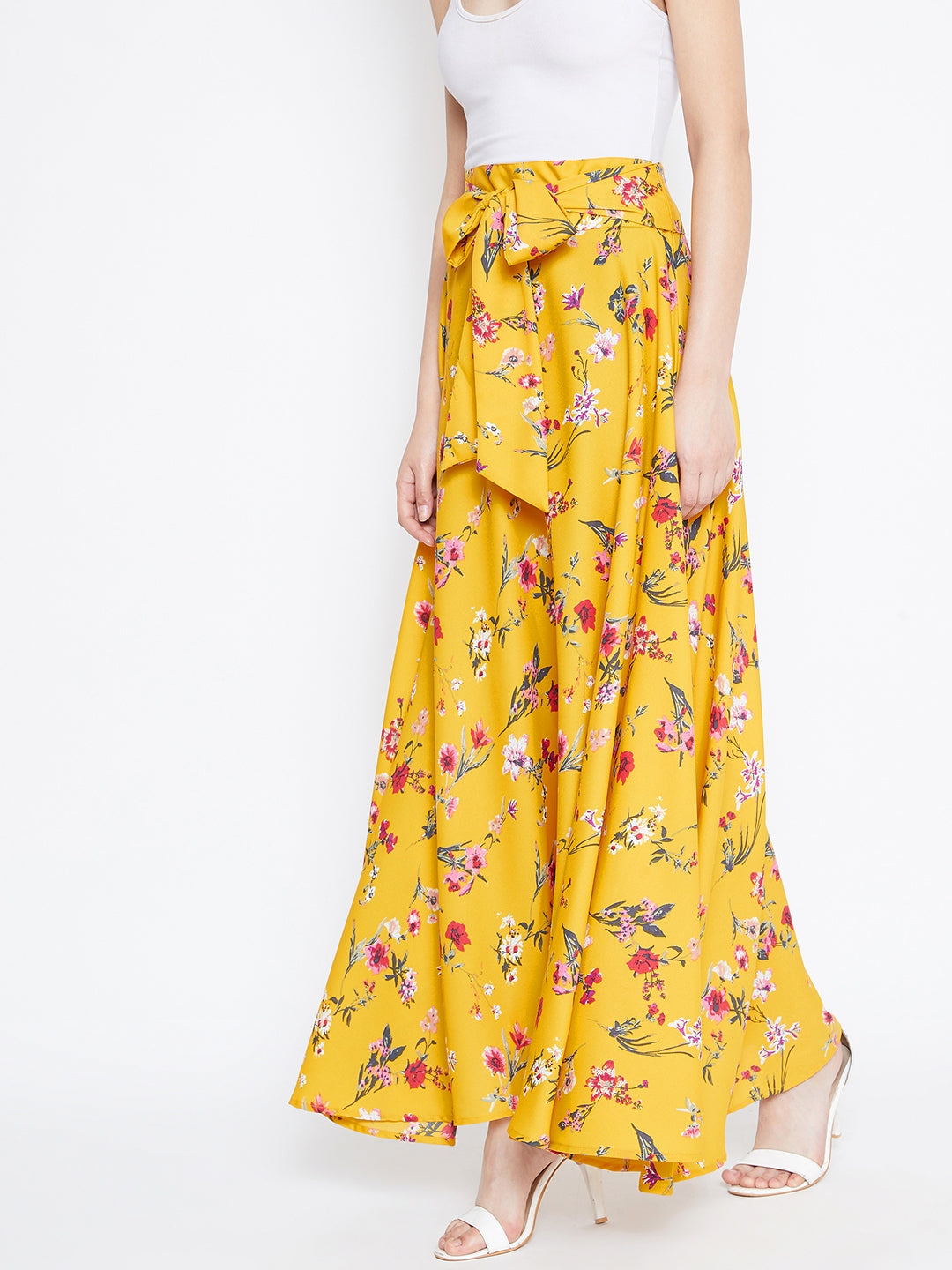 Berrylush Women Yellow Floral Bow Tie Waist Flared Maxi Skirt