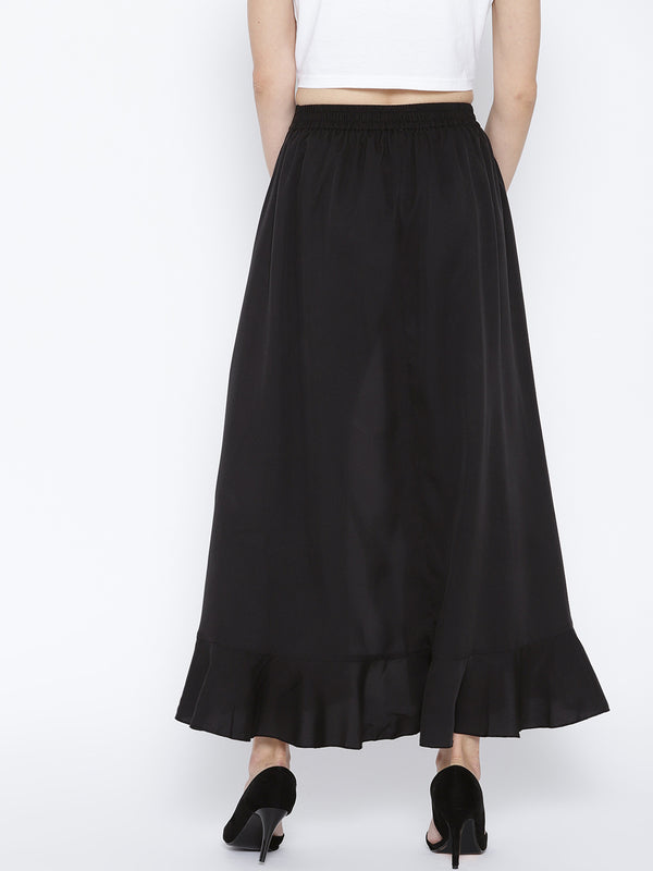 Berrylush Women Black Solid Ruffled Flared Maxi Skirt with Attached Tr