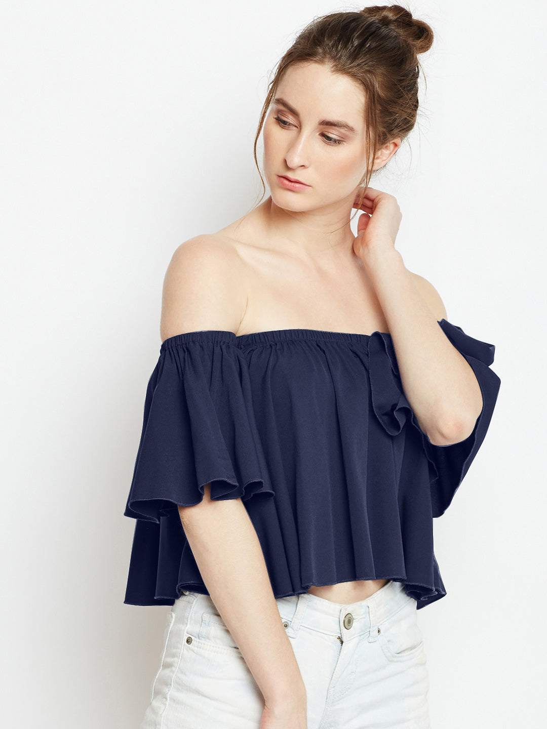 Berrylush Women Solid Blue Off Shoulder Bardot Top