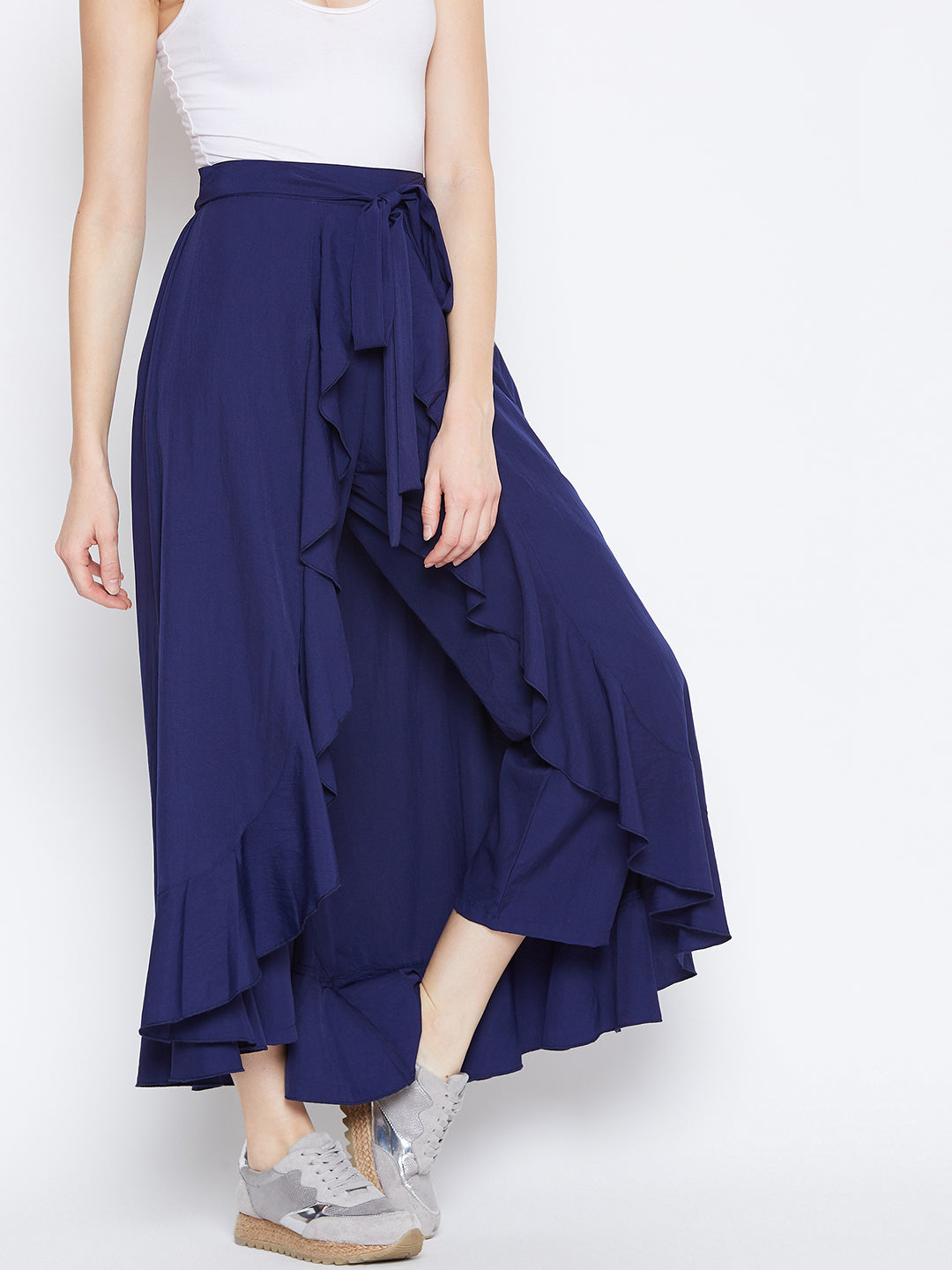 Berrylush Women Navy Blue Solid Flared Maxi Skirt 9980