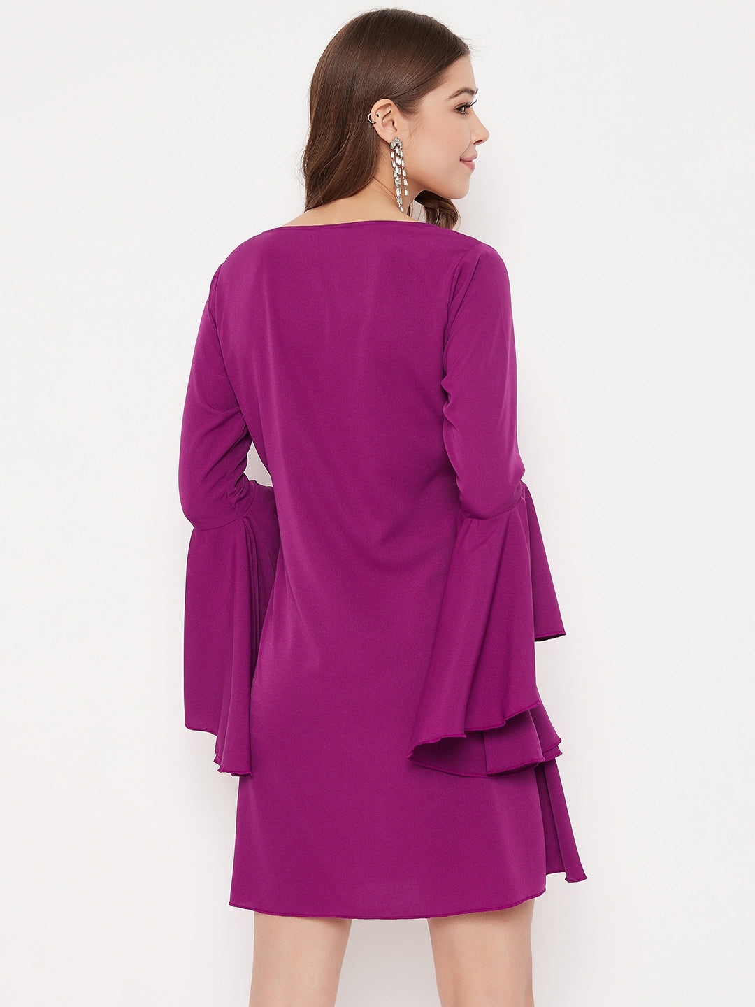 Berrylush Women Solid Purple Bell Sleeves A-Line Mini Dress