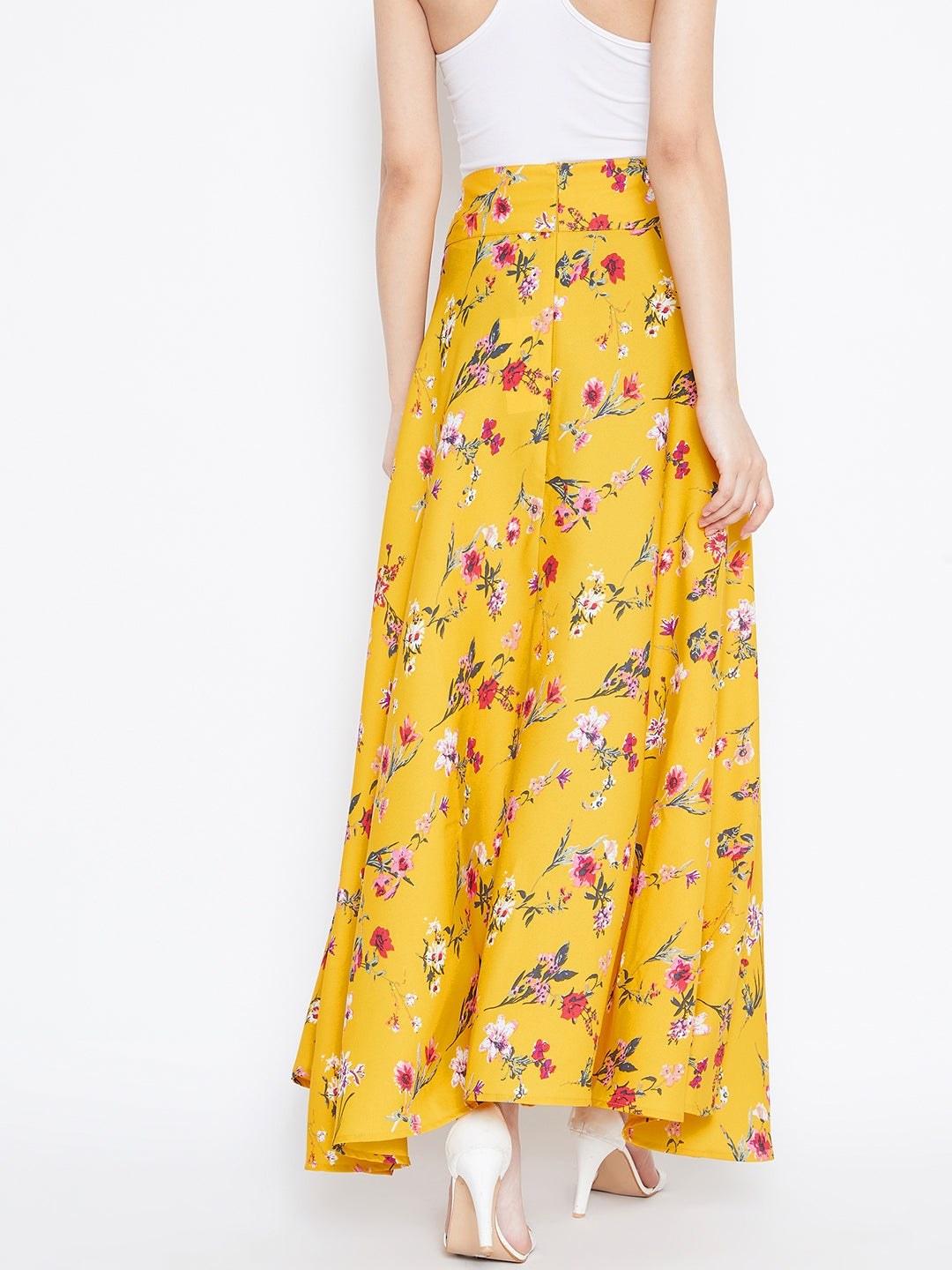 Berrylush Women Yellow & Pink Floral Printed Bow Tie Waist Flared Maxi Skirt