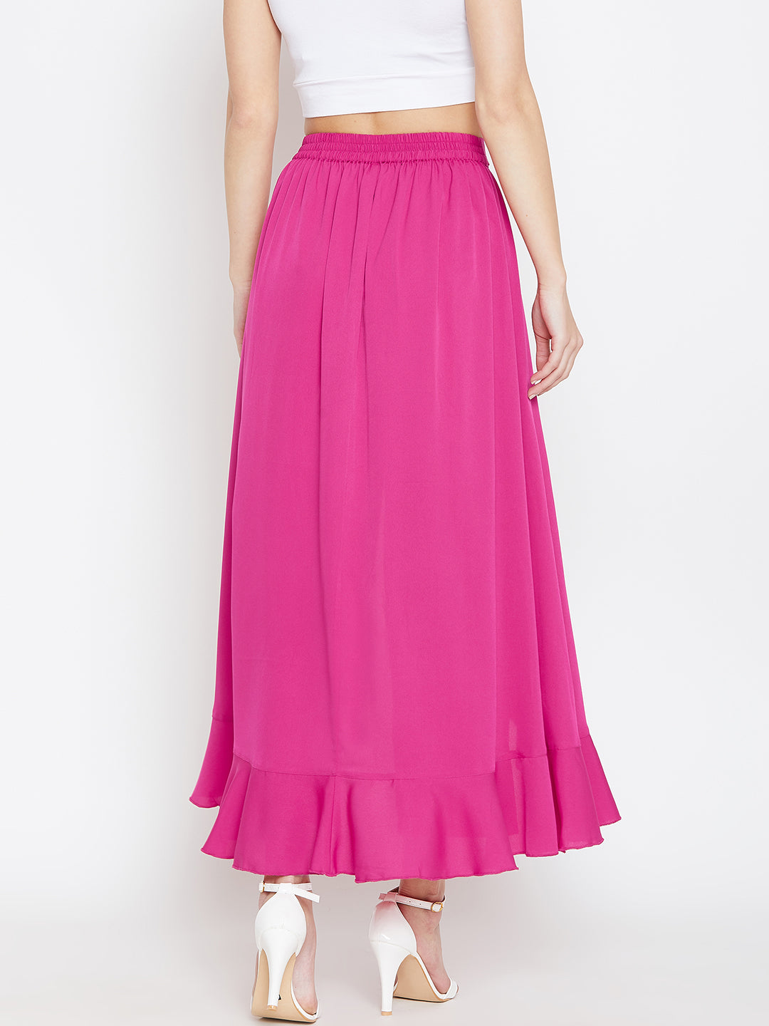 Berrylush Women Pink Solid Ruffled Wrap Maxi Skirt with Attached Palaz