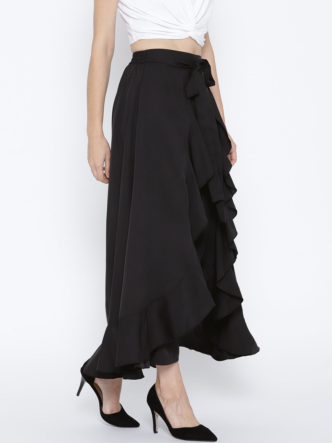 Berrylush Women Black Solid Ruffled Flared Maxi Skirt with Attached Tr